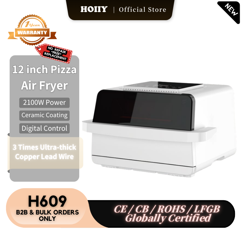 HOIIY 12 inch Pizza Air Fryer with product details on a kitchen counter