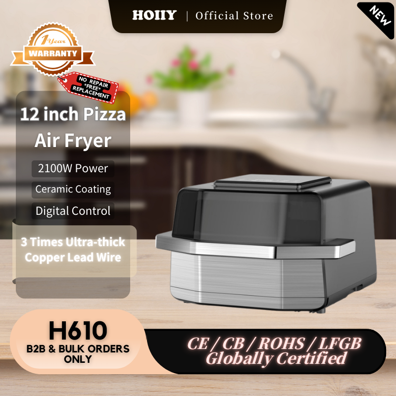 HOIIY 12 inch Pizza Air Fryer with product details on a kitchen counter