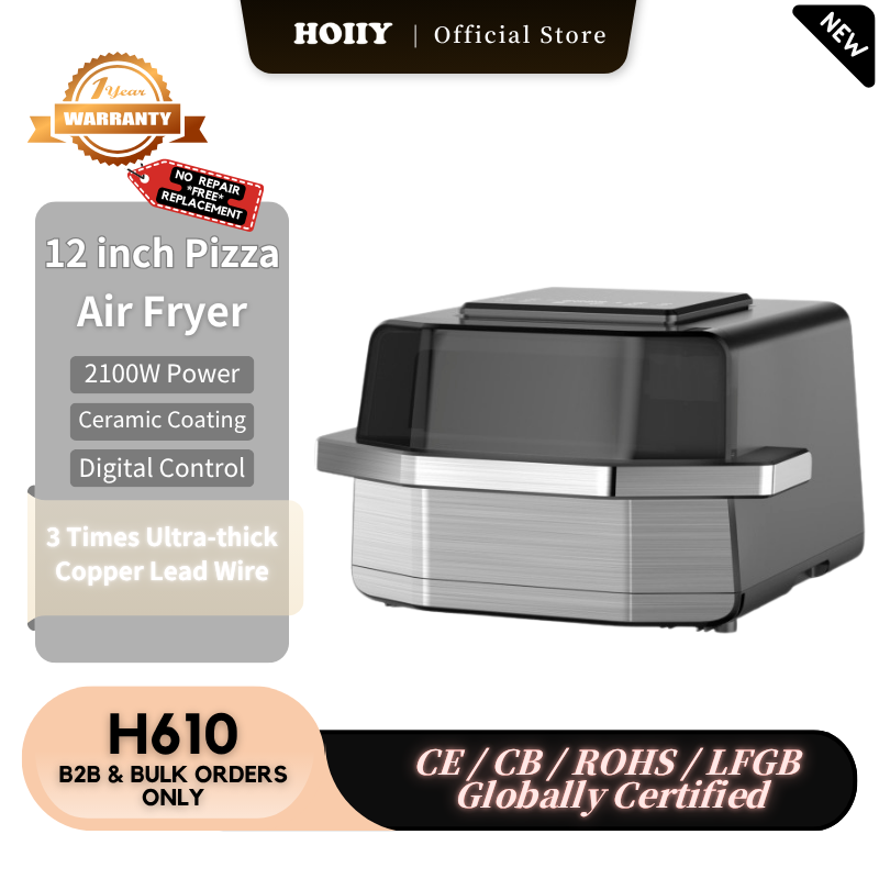 HOIIY 12 inch Pizza Air Fryer with product details on a kitchen counter