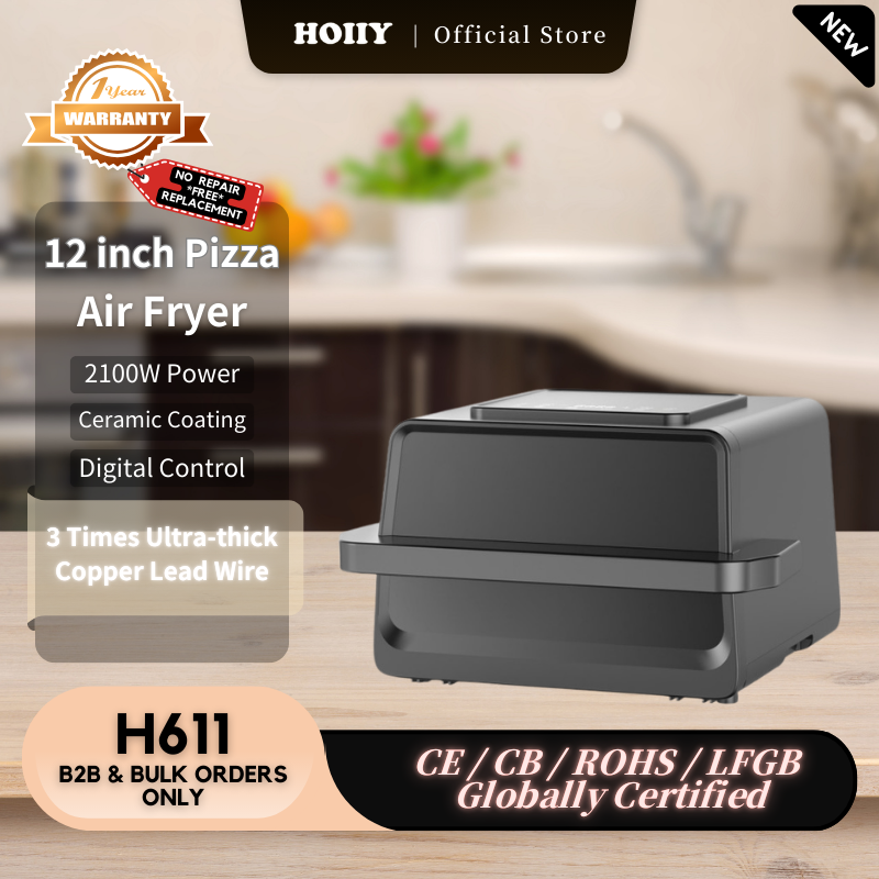 HOIIY 12 inch Pizza Air Fryer with product details on a kitchen counter