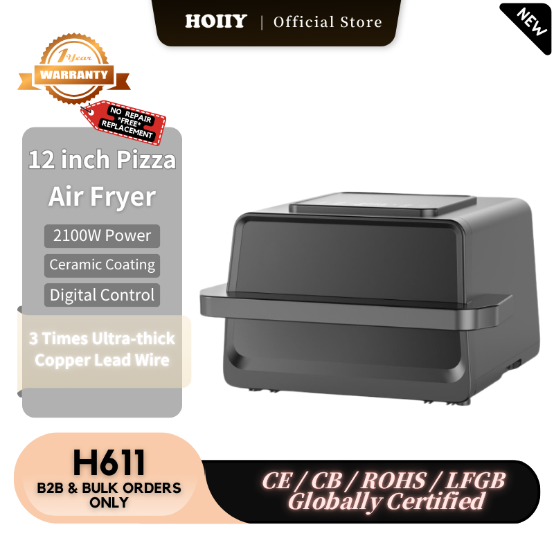 HOIIY 12 inch Pizza Air Fryer with product details on a kitchen counter