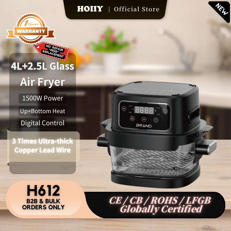 4L+2.5L glass air fryer with product details on a kitchen counter