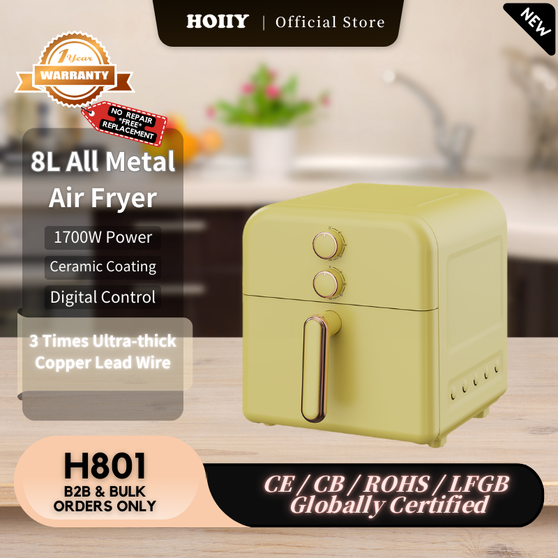 HOIIY yellow 8l all metal air fryer with product details on a kitchen background