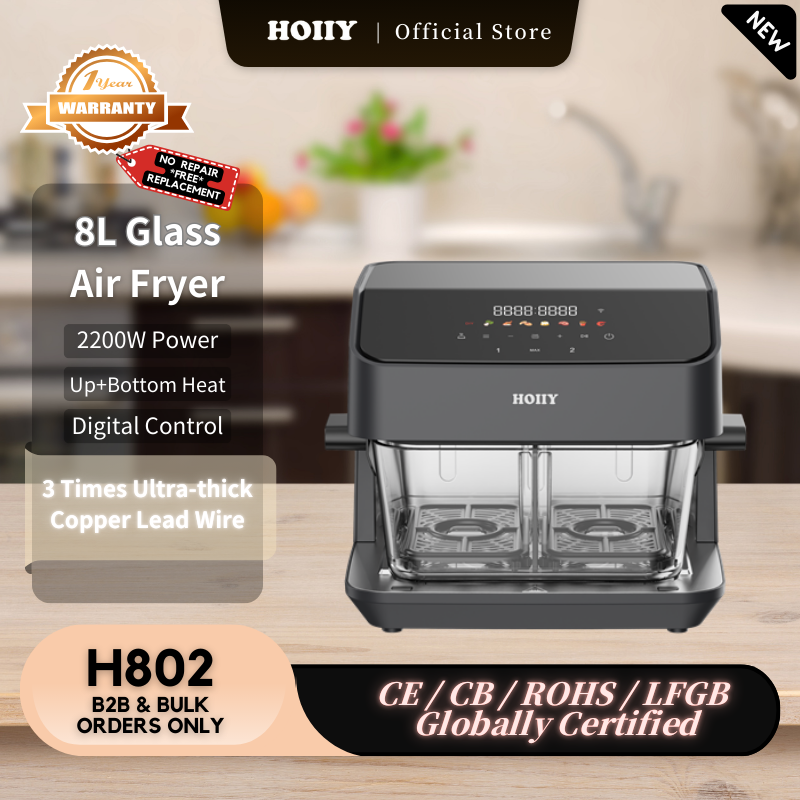 Generous 8L capacity HOIIY Glass Air Fryer: Perfect for whole chicken roasting and family-sized healthy meals in Singapore.