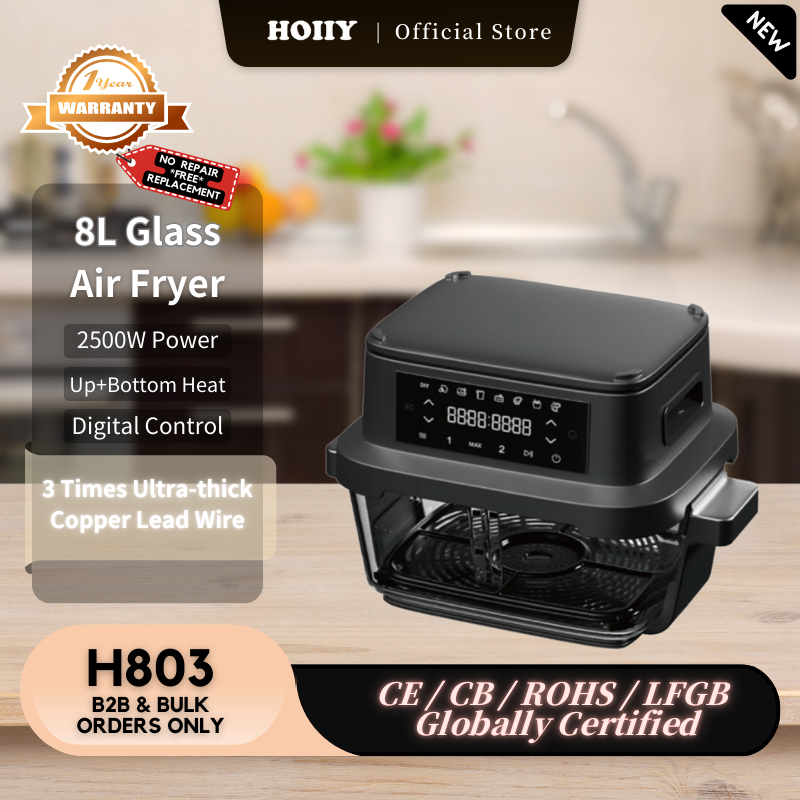 8L Glass Air Fryer with digital control on a kitchen counter, featuring HOIIY branding.