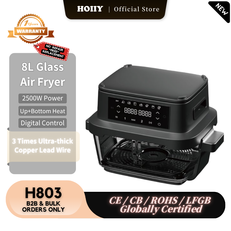 8L Glass Air Fryer with digital control on a kitchen counter, featuring HOIIY branding.