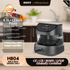 HOIiY 8.5L + 12 inch pizza glass air fryer on a kitchen counter with product details.