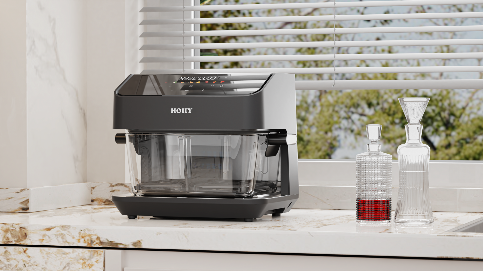 Premium packaging of HOIIY Singapore 8L Glass Air Fryer: An ideal healthy lifestyle gift for housewarming or festive celebrations. 8L Glass Air Fryer on a kitchen counter with a window in the background