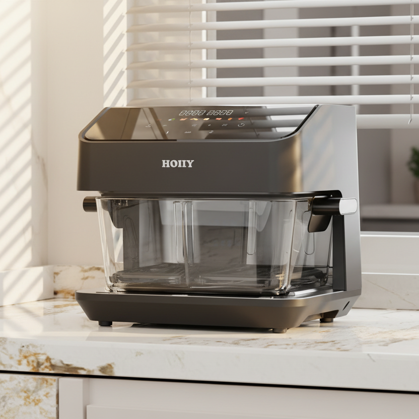 Sleek Dark Grey HOIIY 8L Glass Air Fryer on a marble countertop - Minimalist healthy cooking for Singapore homes.  