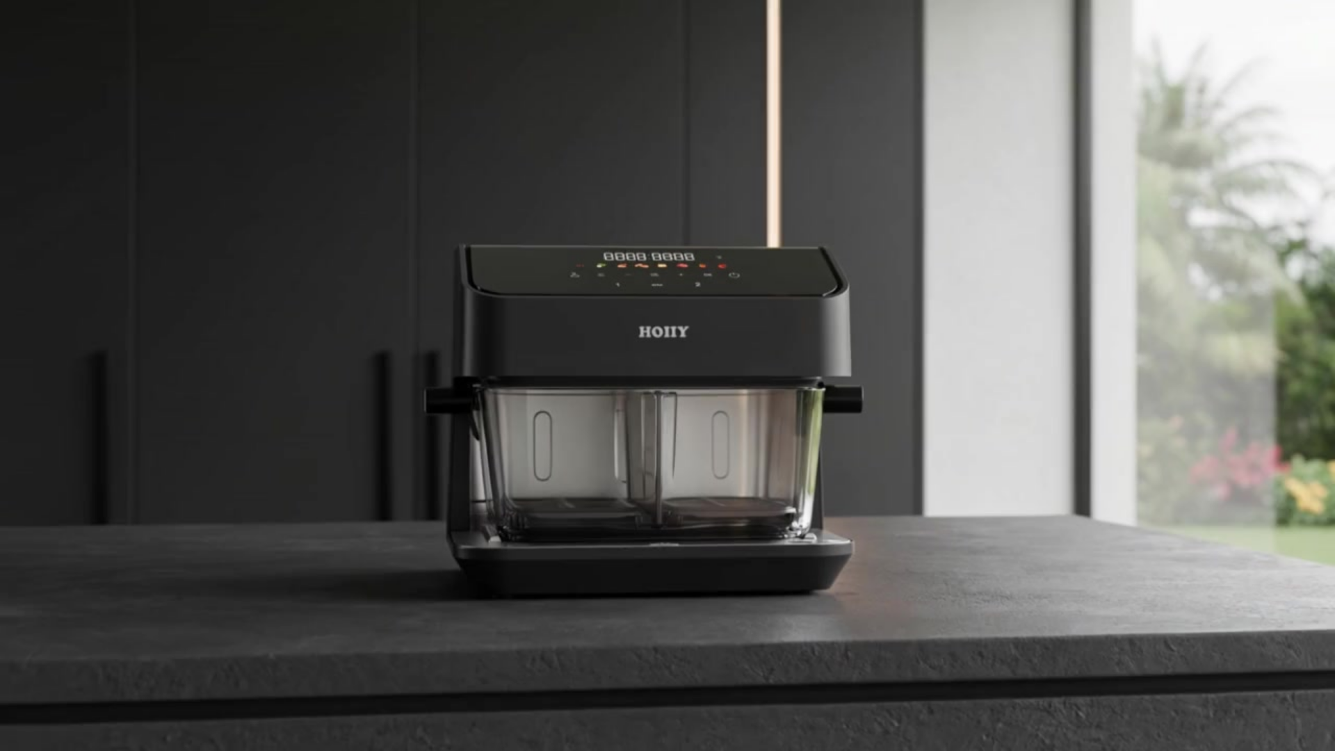 Smart one-touch LED panel of HOIIY 8L Glass Air Fryer: Preset cooking modes for healthy, oil-free fries, steak, and seafood. 8L Glass Air Fryer on a wooden table with blurred background