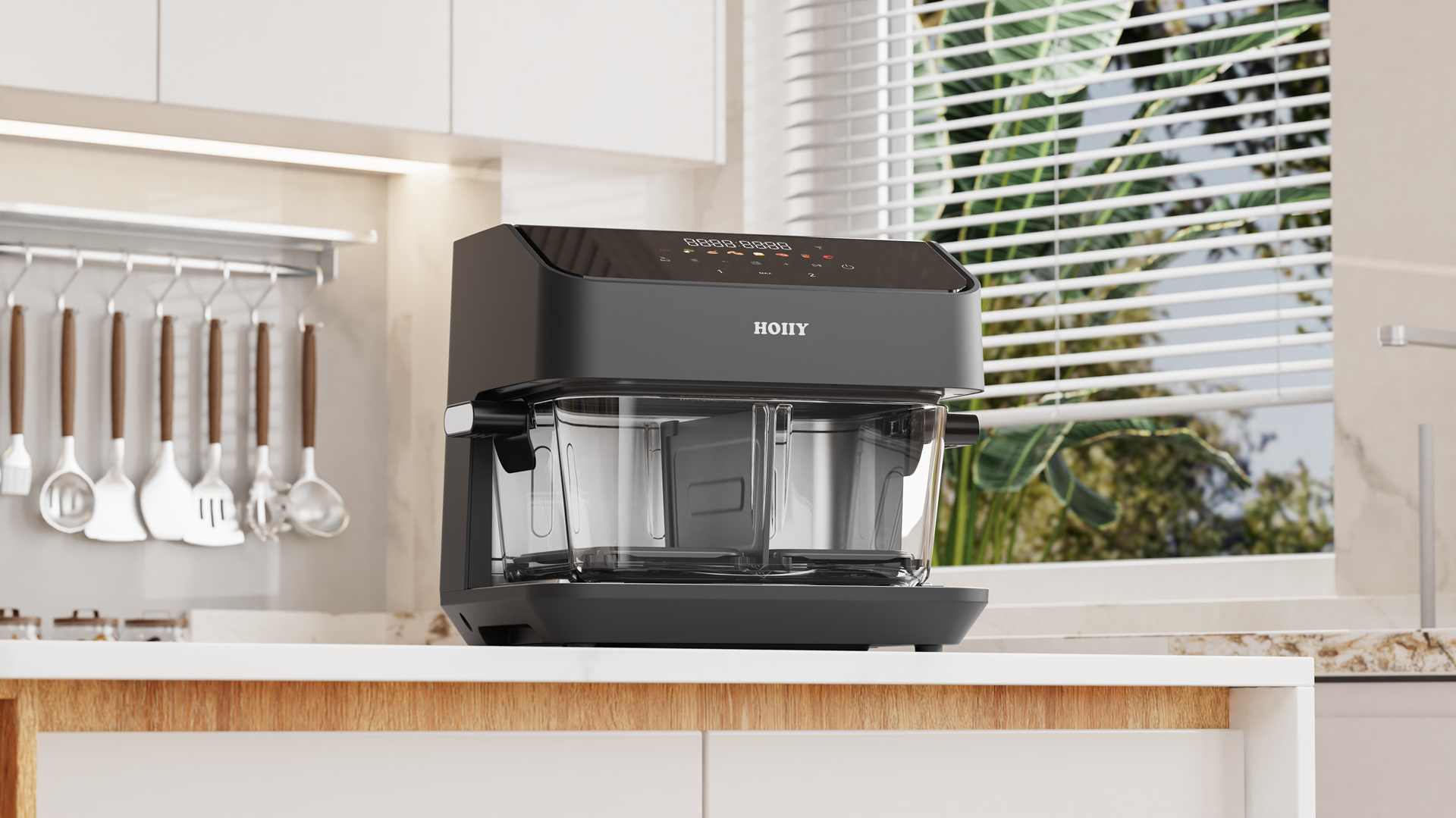 HOIIY Singapore premium borosilicate glass basket: 100% coating-free and chemical-free for the purest healthy frying experience. 8L Glass Air Fryer on a kitchen counter with a window in the background