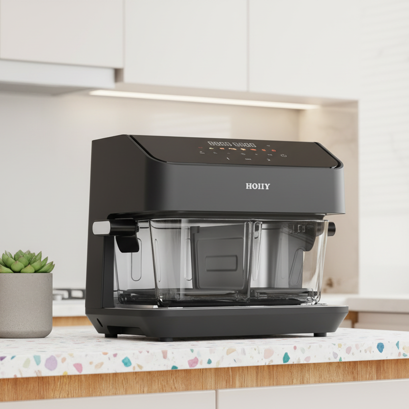 HOIIY Singapore 8L Glass Air Fryer in Dark Grey: A premium coating-free air fryer on a wooden countertop with full crystal-clear visual cooking technology.