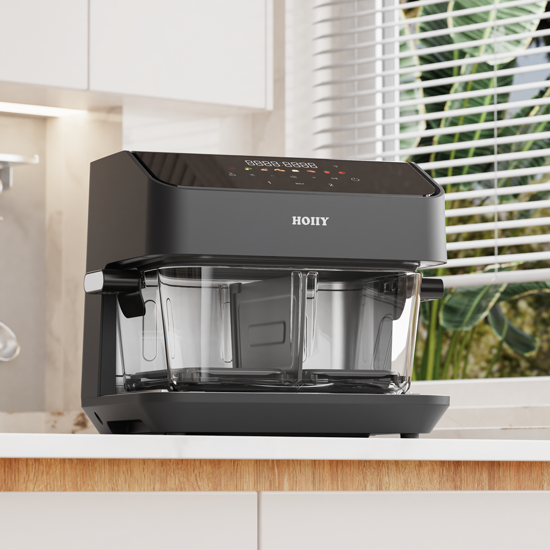 HOIIY Singapore 8L borosilicate glass basket: Non-toxic, coating-free, and easy-to-clean healthy air fryer components.