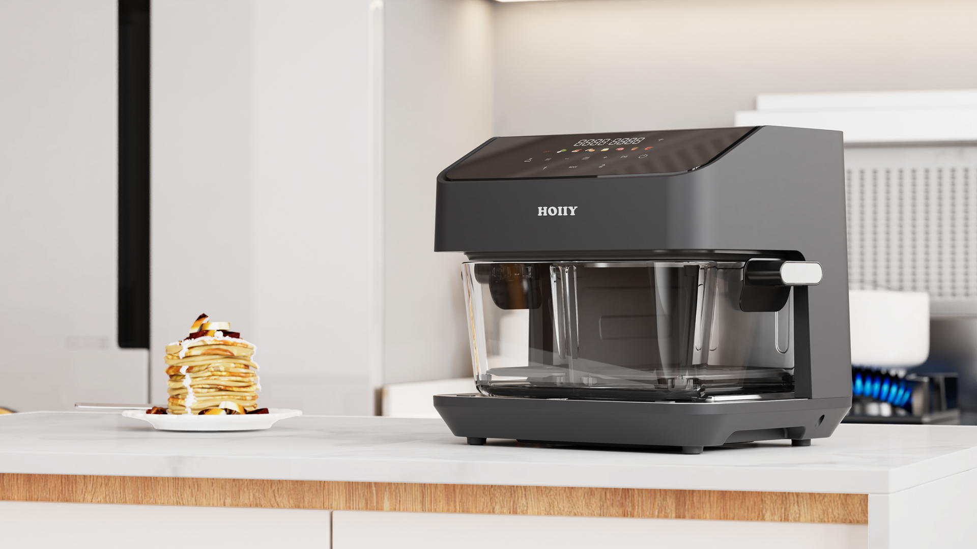 360° full-view cooking with HOIIY 8L Glass Air Fryer: Monitor your meals without heat loss or opening the lid. 8L Glass Air Fryer on a kitchen counter with pancakes in the background