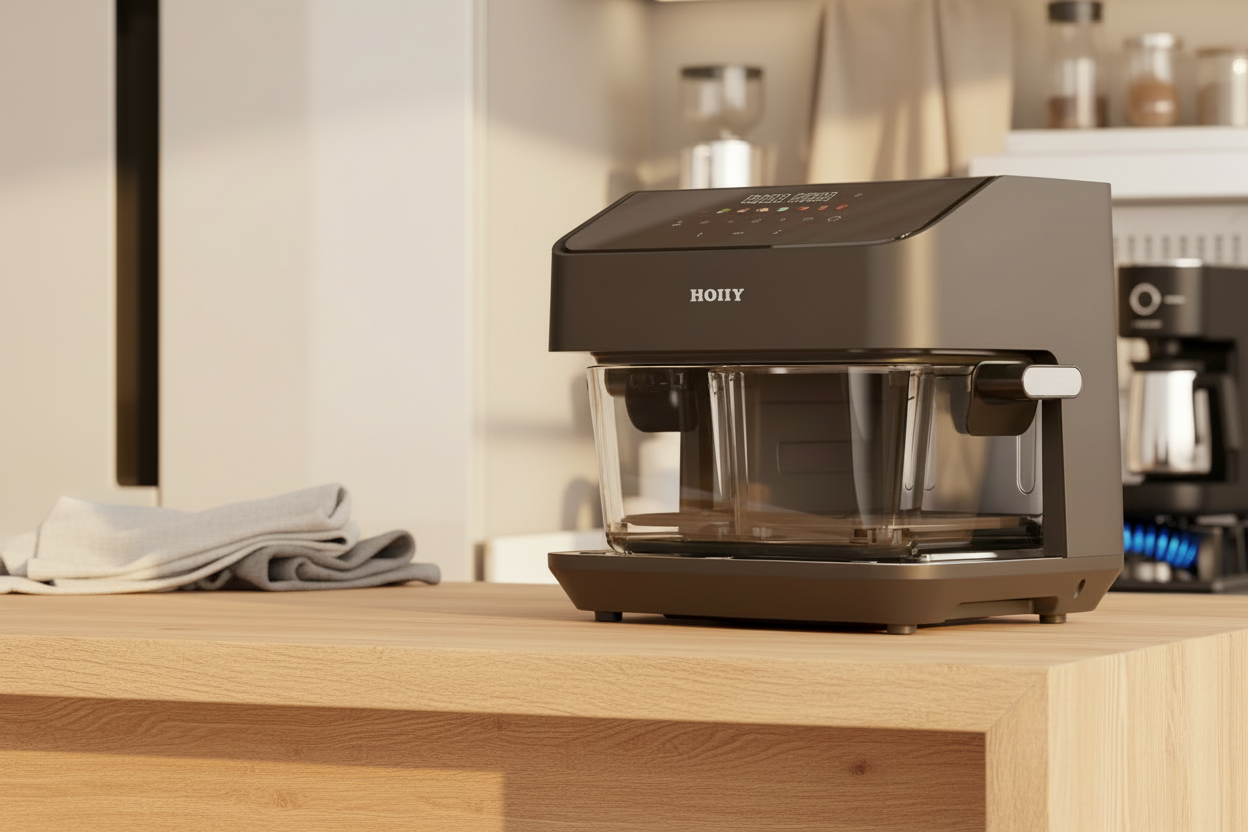HOIIY Singapore Dark Grey 8L Glass Air Fryer on a wooden countertop with a blurred kitchen background