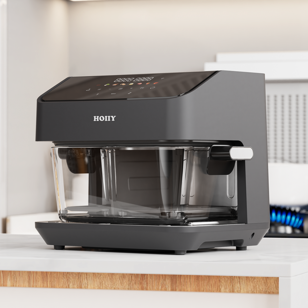 HOIIY 8L Dark Grey Glass Air Fryer - with clear glass container on a kitchen counter, chemical-free borosilicate glass, and healthy oil-free frying technology. 