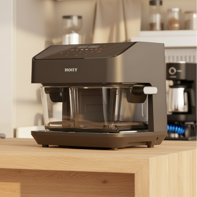 HOIIY Singapore Dark Grey 8L Glass Air Fryer on a wooden countertop with a blurred kitchen background