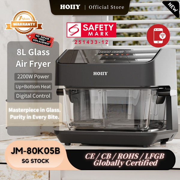 HOIIY Singapore 8L Glass Air Fryer with safety mark and certification details on a white background