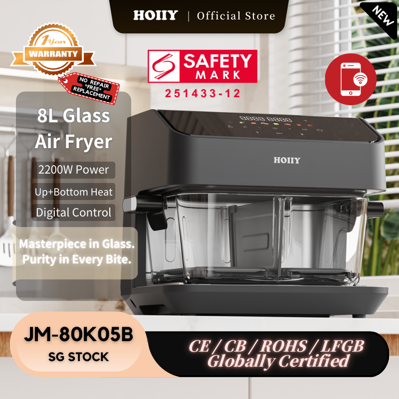 HOIIY Singapore 8L Glass Air Fryer with safety mark and certification details on a white background