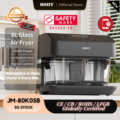 HOIIY Singapore 8L Glass Air Fryer with safety mark and certification details on a white background