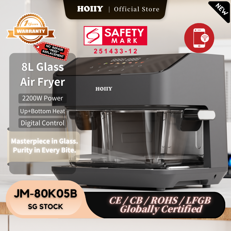 HOIIY Singapore 8L Glass Air Fryer with safety mark and certification details on a white background