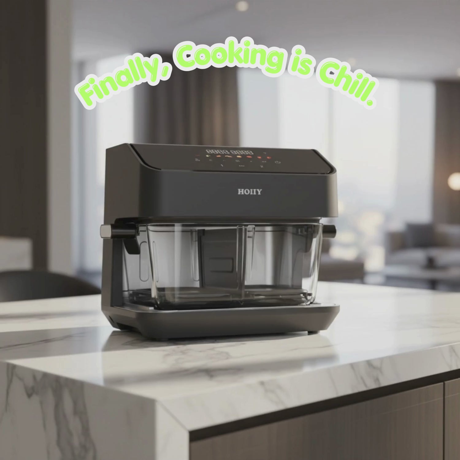 Meet the HOIIY 8L Glass Air Fryer. Enjoy top-and-bottom heating and auto-warmth. Cook with full 8L or 4L dual zones, all on healthy, coating-free glass. App-controlled, dishwasher-safe, and SG Safety Mark certified.