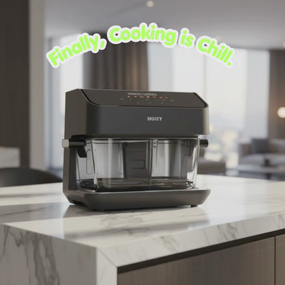 Meet the HOIIY 8L Glass Air Fryer. Enjoy top-and-bottom heating and auto-warmth. Cook with full 8L or 4L dual zones, all on healthy, coating-free glass. App-controlled, dishwasher-safe, and SG Safety Mark certified.