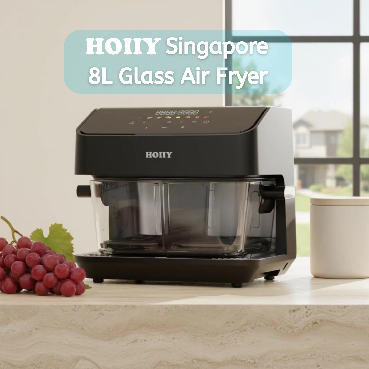 HOIIY — Singapore Glass Air Fryer Specialist. Coating-free Food-grade Pot, Dual Zone, Dual Heat, Touch & App Control, Auto Keep Warm, Dishwasher-safe.