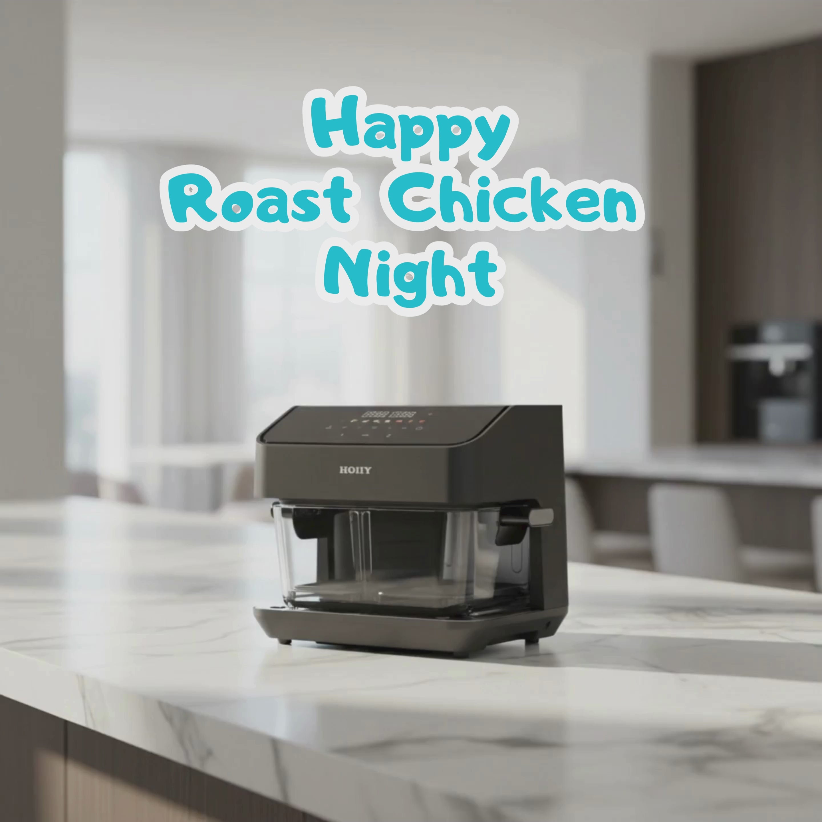 HOIIY 8L glass air fryer cooking a whole roasted chicken with central partition removed.