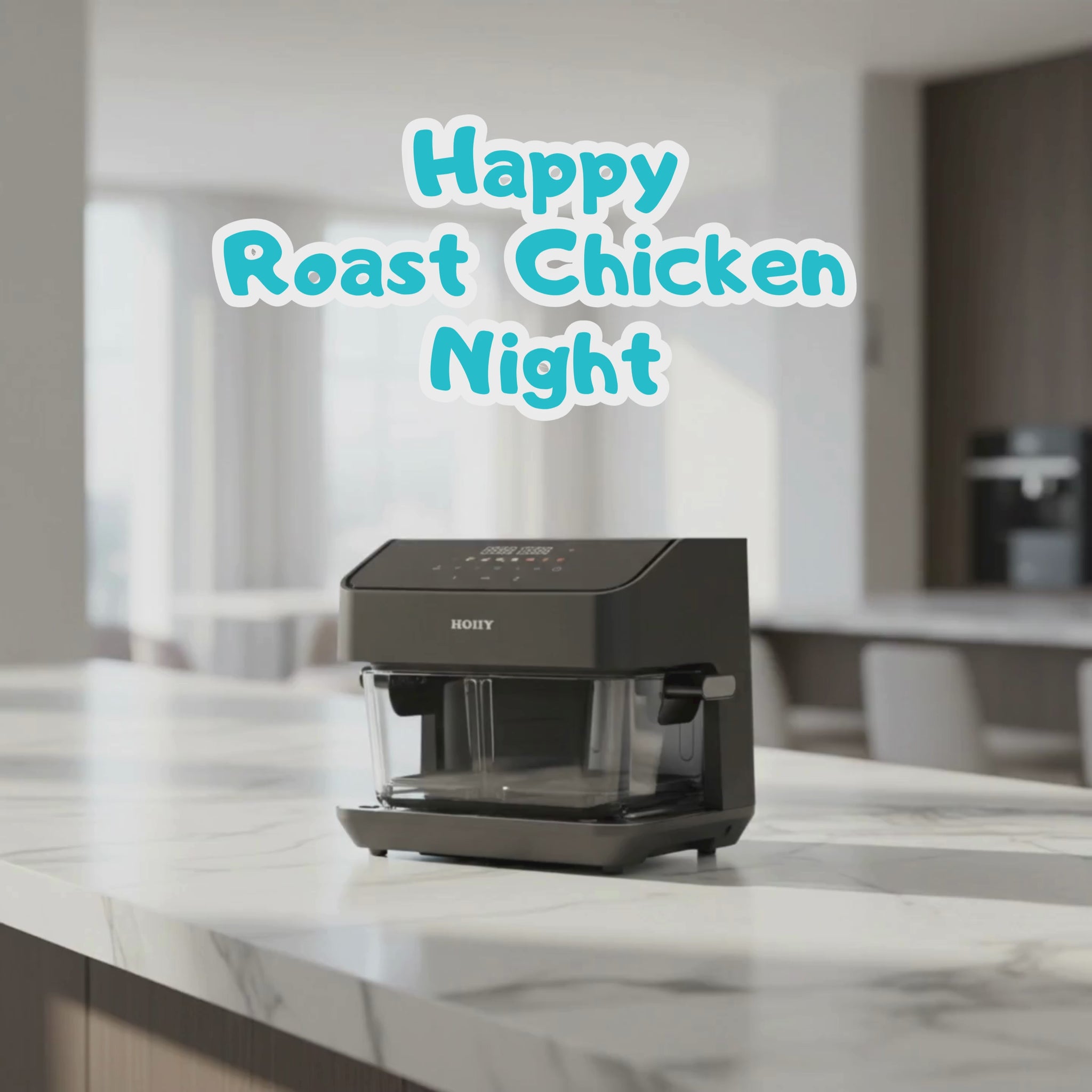 HOIIY 8L glass air fryer cooking a whole roasted chicken with central partition removed.