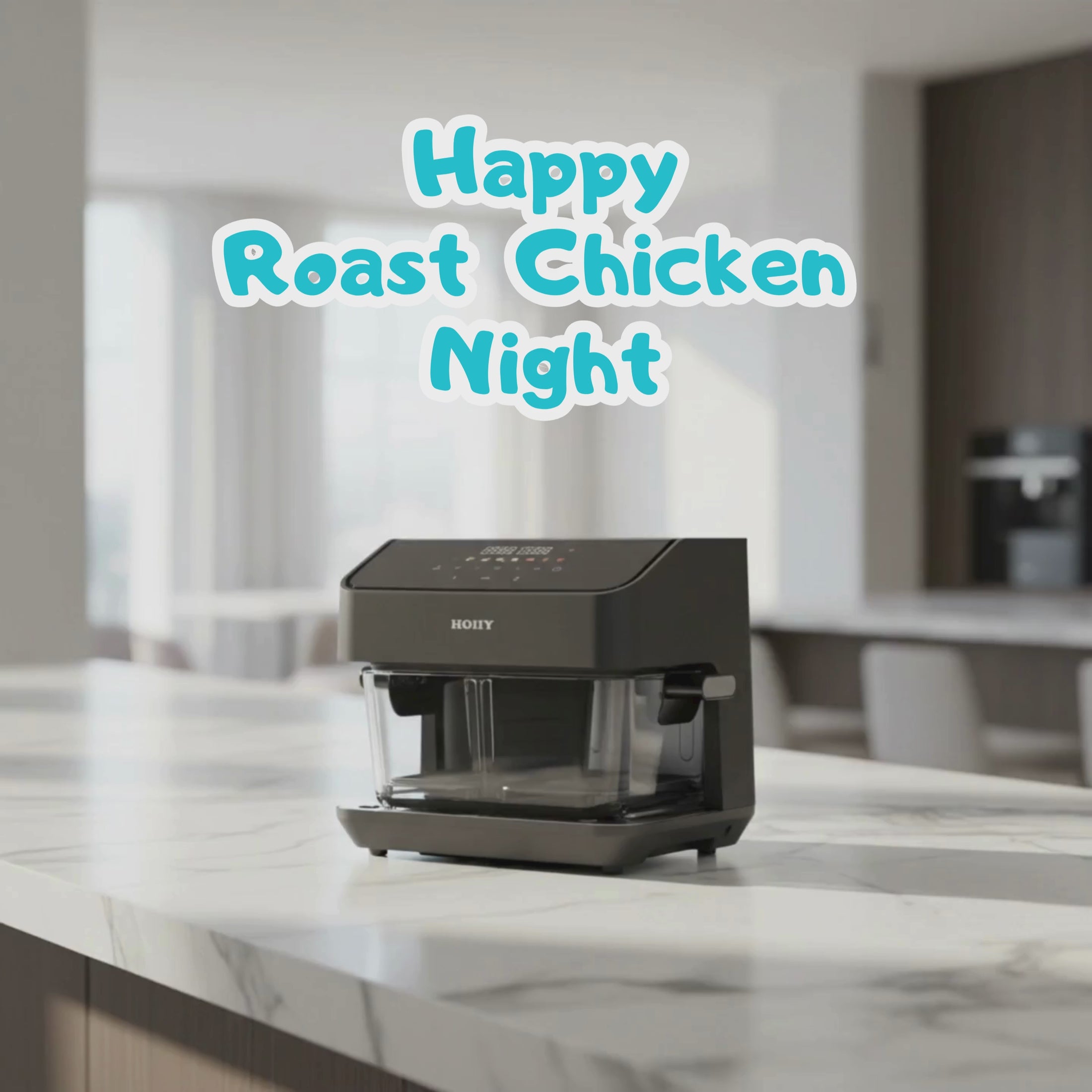 HOIIY 8L glass air fryer cooking a whole roasted chicken with central partition removed.