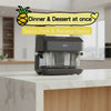HOIIY 8L glass air fryer cooking Garlic Roast Pork and Banana Pastry side-by-side with auto-switch warm feature. 