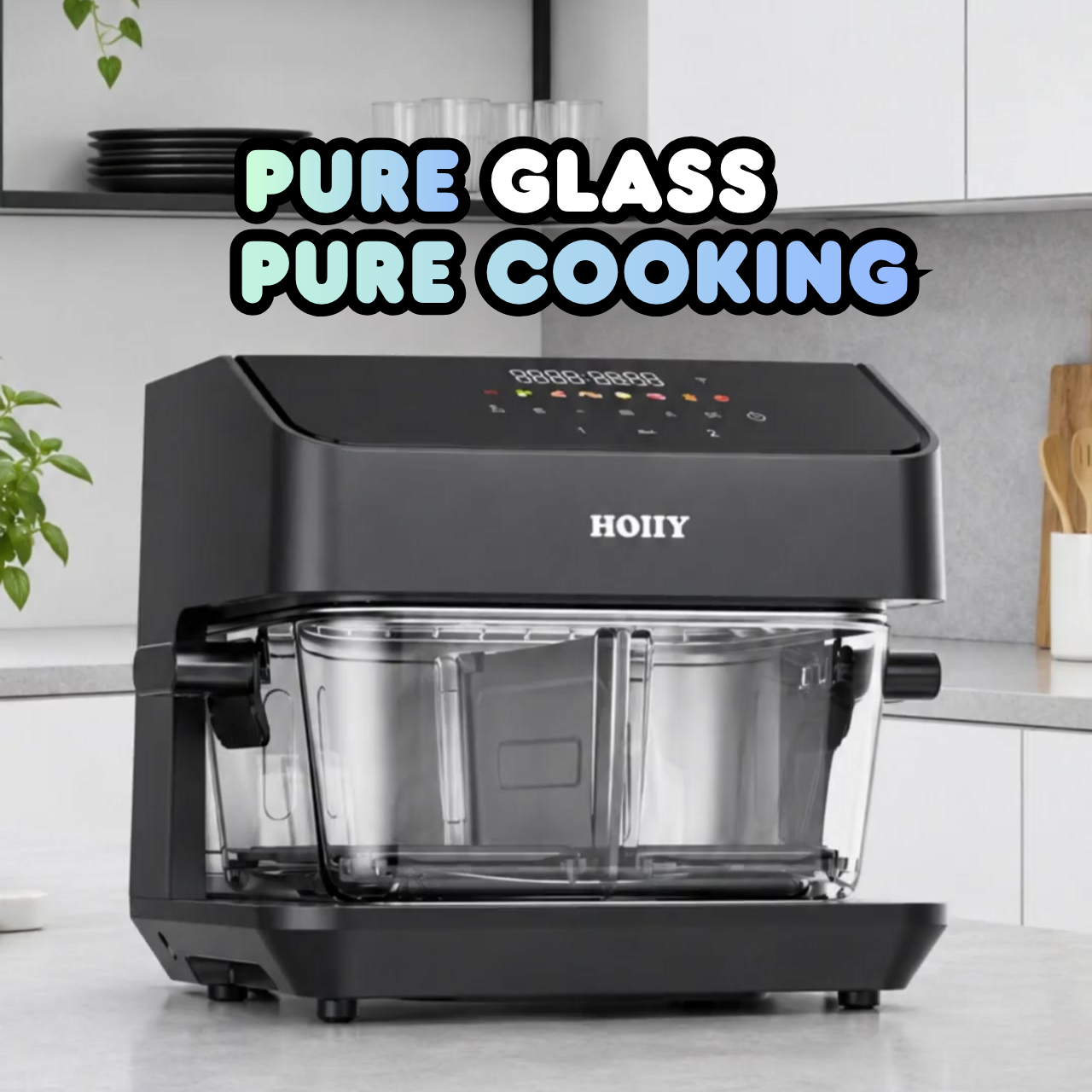 HOIIY Singapore 8L Glass Air Fryer - 8L single zone or 4L+4L dual zone with removable divider. 100% coating-free pure glass, 2200W fast dual heat with auto keep warm, smart app control & dishwasher safe.