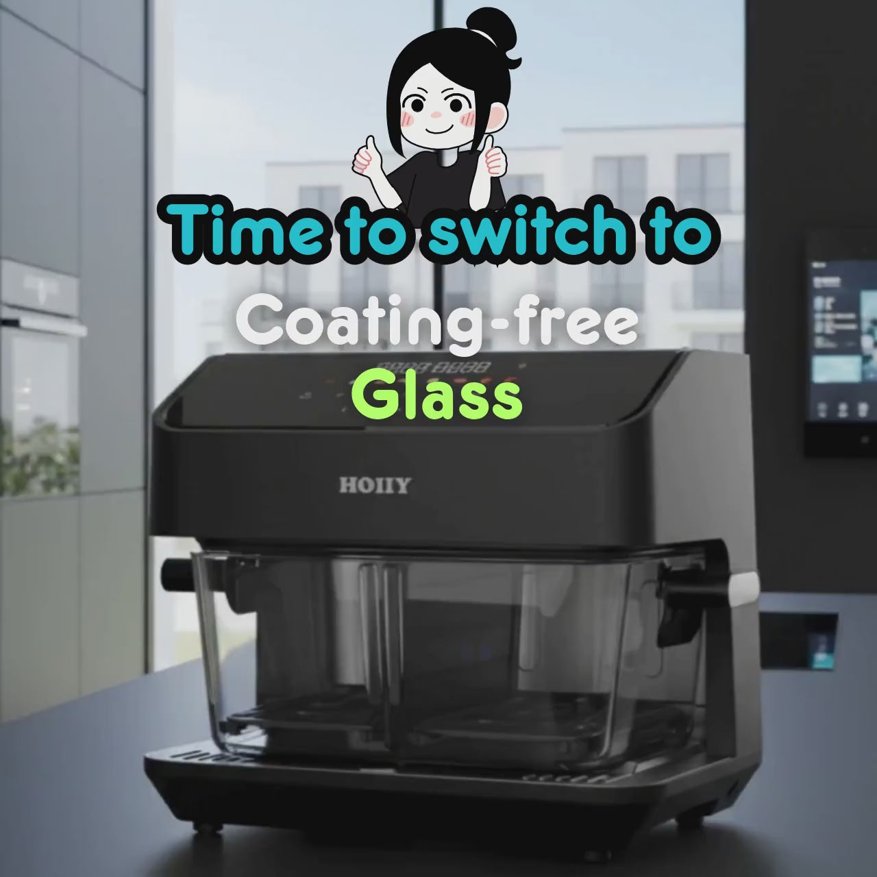 HOIIY — Singapore Glass Air Fryer Specialist. Coating-free Food-grade Pot, Dual Zone, Dual Heat, Touch & App Control, Auto Keep Warm, Dishwasher-safe.