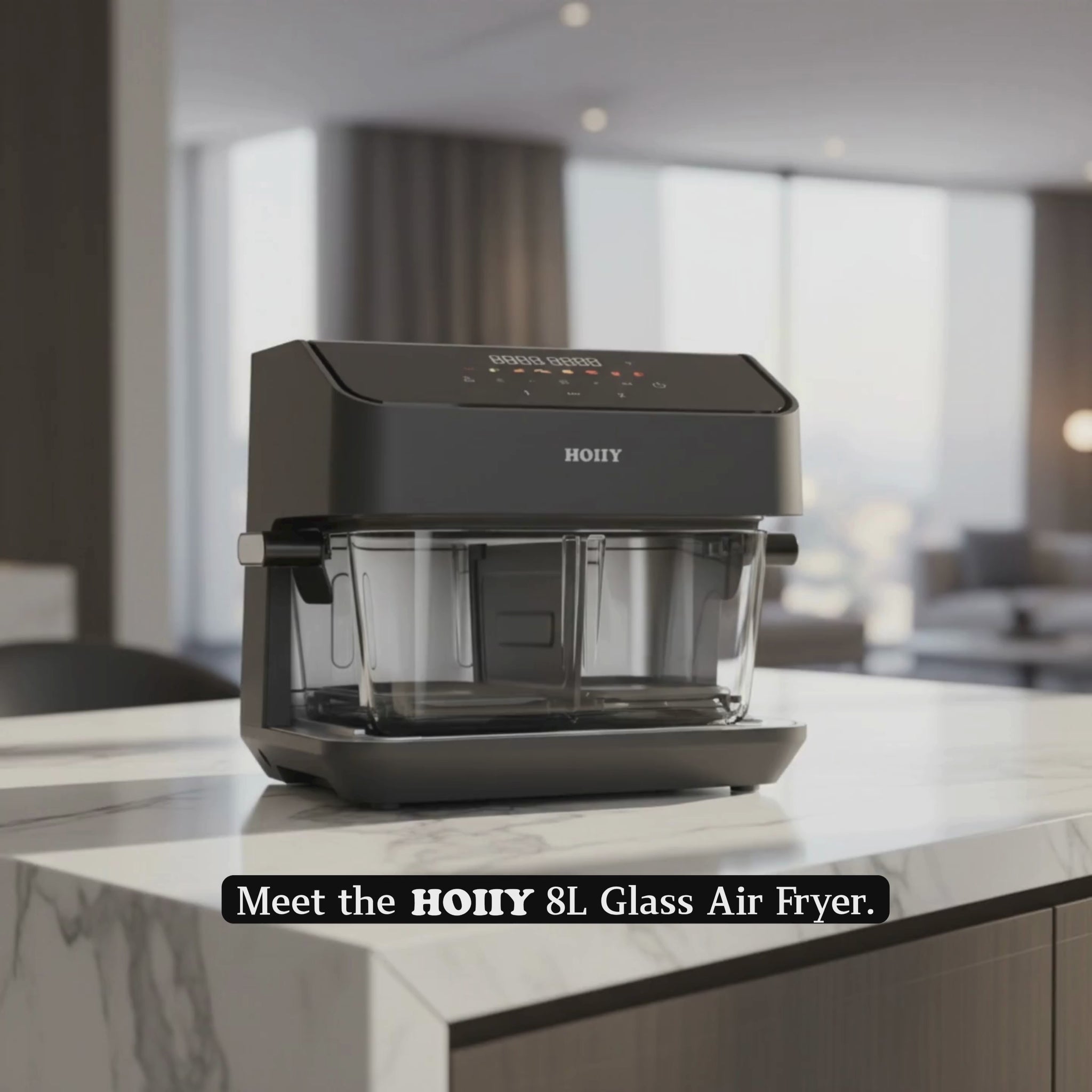 HOIIY Singapore 8L Glass Air Fryer cooking black pepper beef cubes and broccoli with smart App control. 