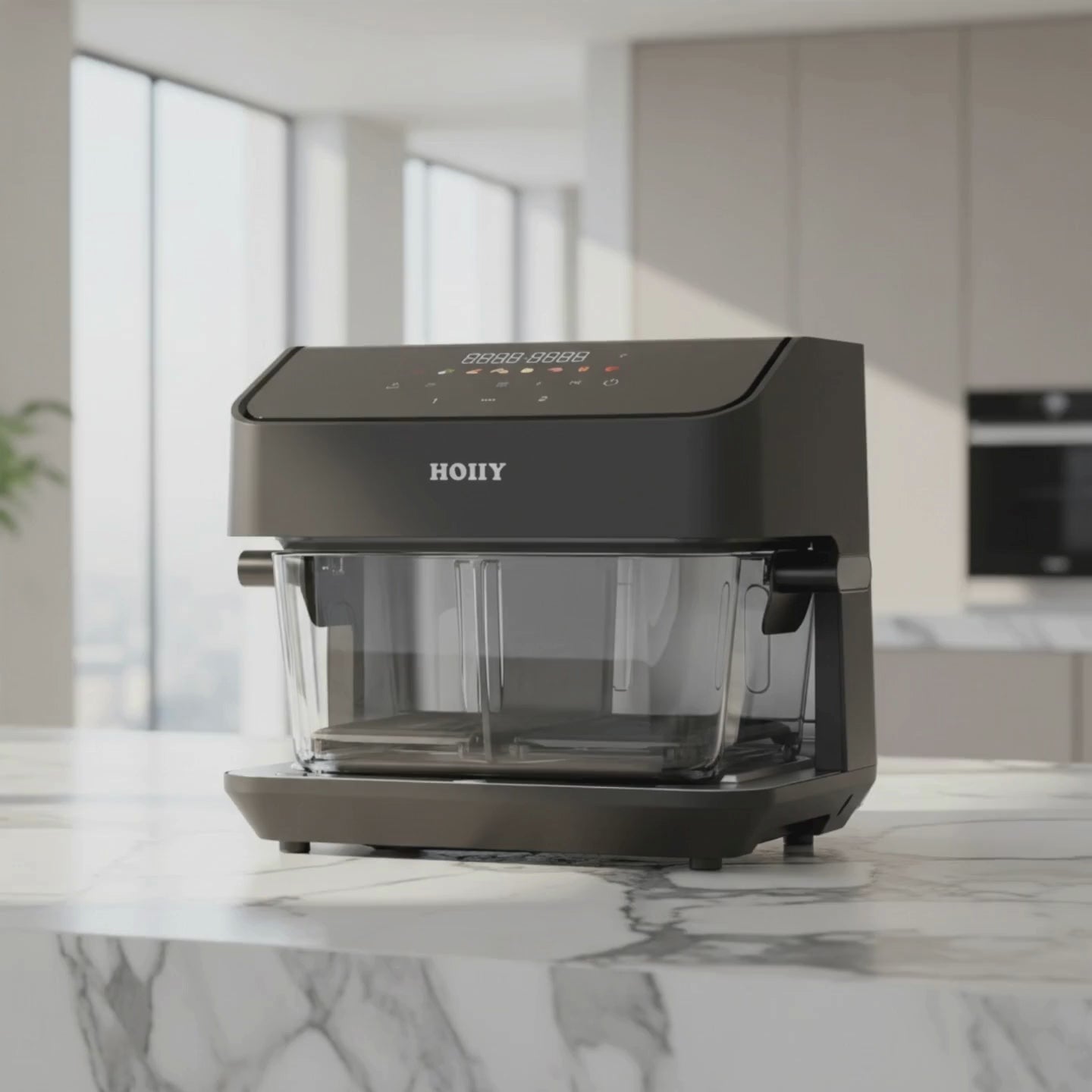 HOIIY 8L glass air fryer roasting cumin beef and black pepper mushrooms side-by-side with dual-zone control. 