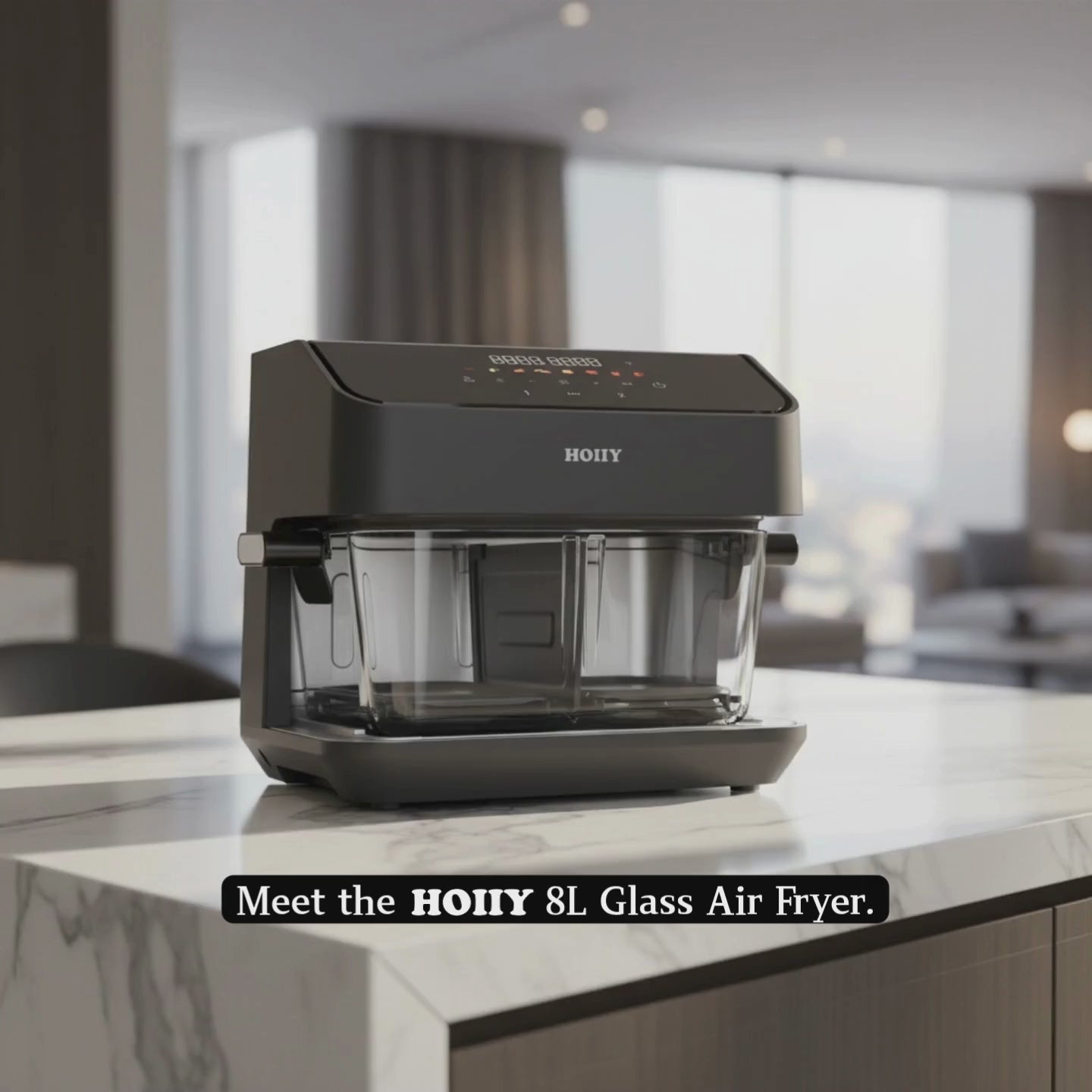 HOIIY Singapore 8L Glass Air Fryer cooking black pepper beef cubes and broccoli with smart App control. 