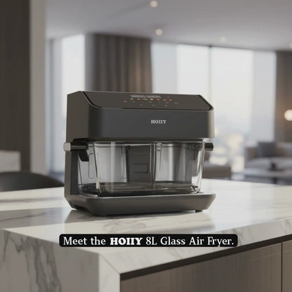 HOIIY Singapore 8L Glass Air Fryer cooking black pepper beef cubes and broccoli with smart App control. 