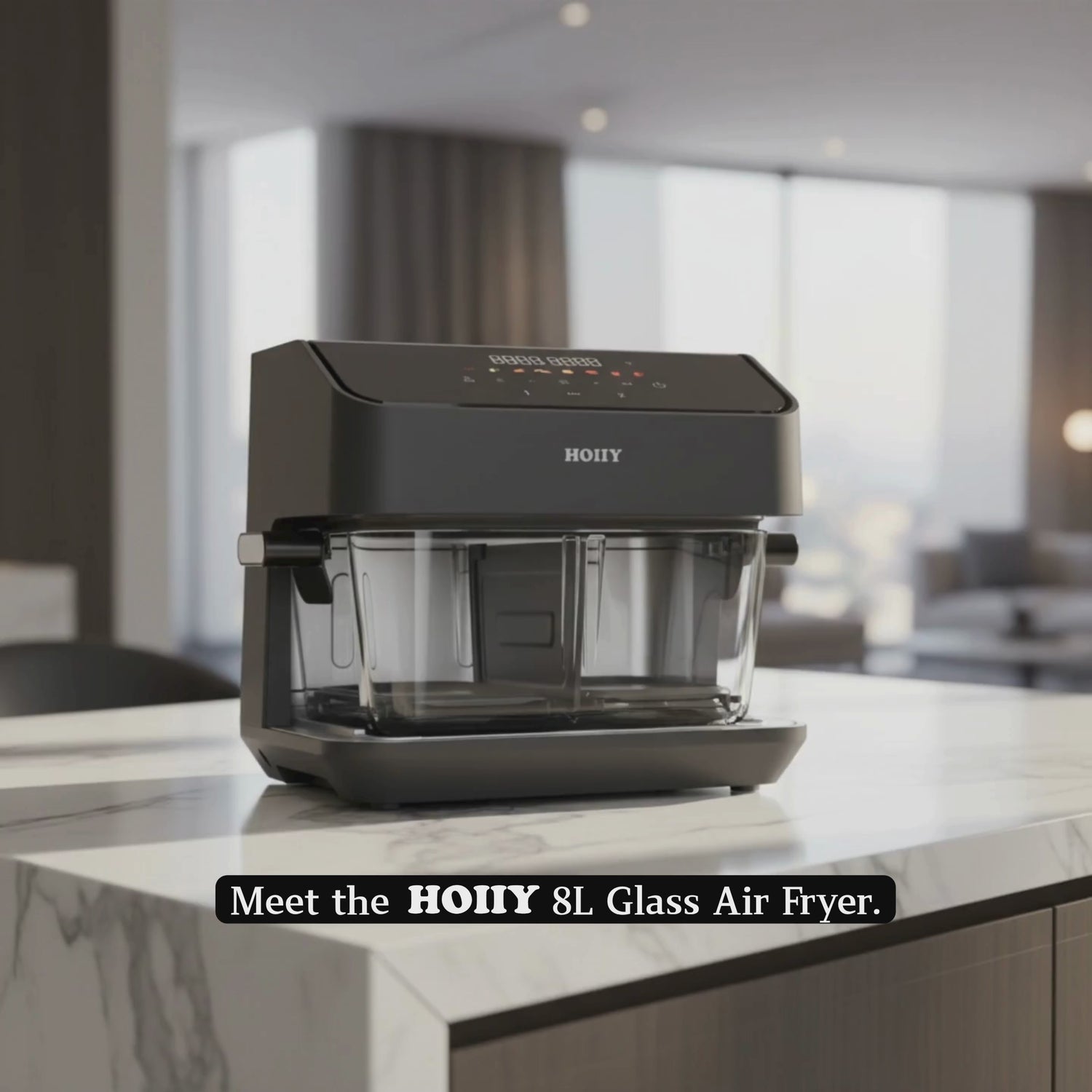 HOIIY Singapore 8L Glass Air Fryer cooking black pepper beef cubes and broccoli with smart App control. 