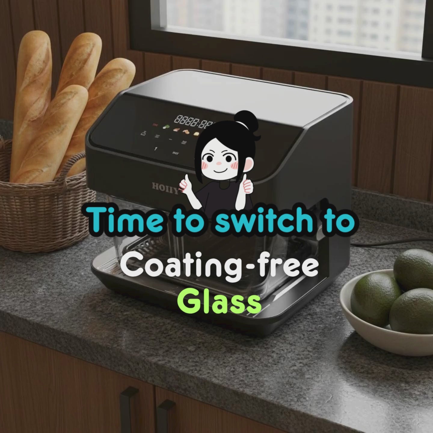 HOIIY — Singapore Glass Air Fryer Specialist. Coating-free Food-grade Pot, Dual Zone, Dual Heat, Touch & App Control, Auto Keep Warm, Dishwasher-safe.